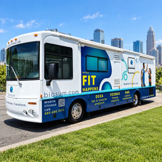 The branded biosum mobile fitness lab parked against a city skyline