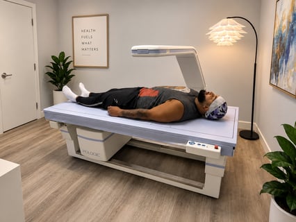 A client lying still on a DEXA scanner in a biosum scan room
